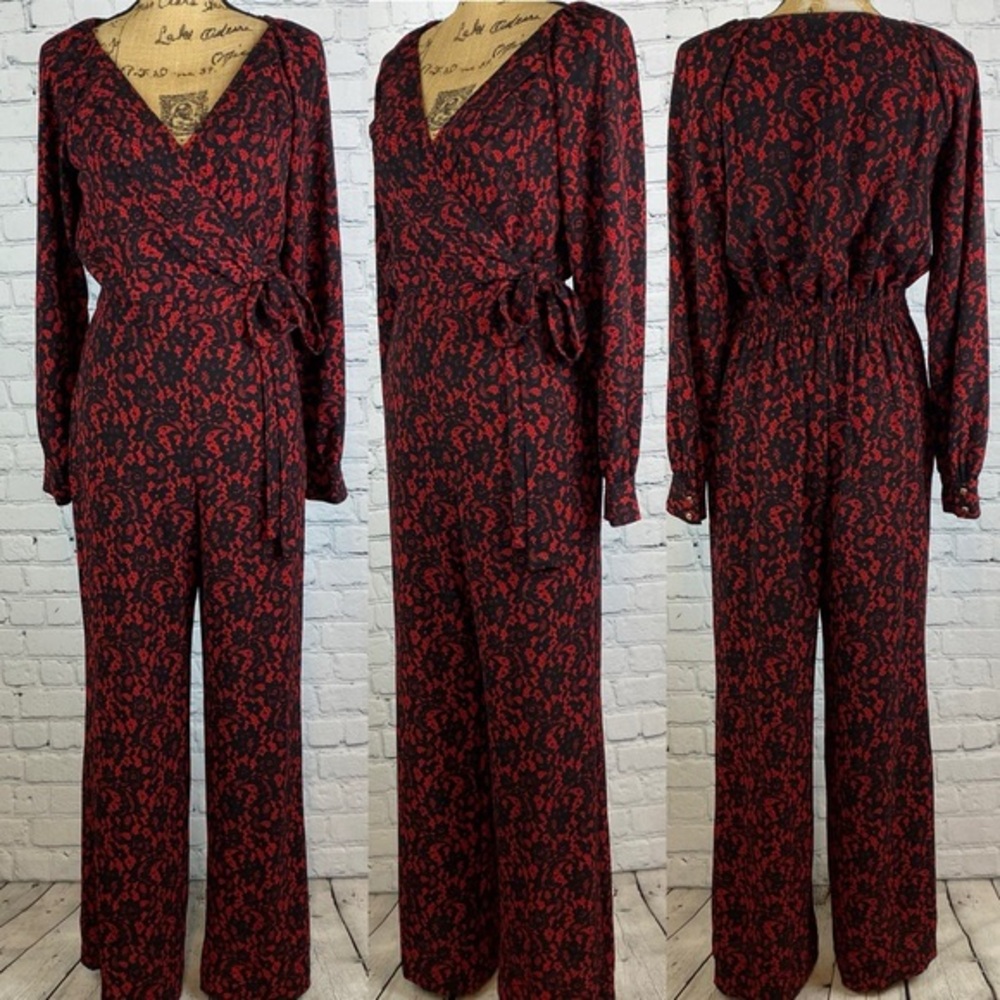 Michael Kors Elegant Black and Red Lace Print Jumpsuit
